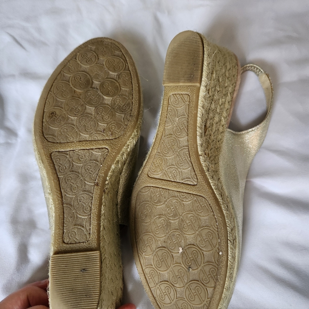 Lindsay Phillips Gold Wedge Sandals with Colorful Gem Accents Size 9 - Picture 7 of 8